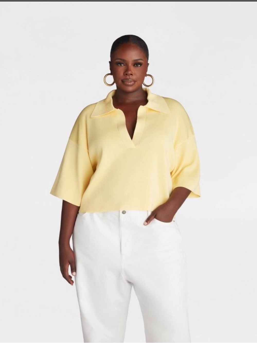 Relaxed Short-Sleeve Polo Blouse in Pale Yellow